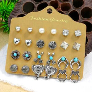 Grandest Birch 12 Pairs Women Flower Arrow Studs Set Faux Turquoise Jewelry